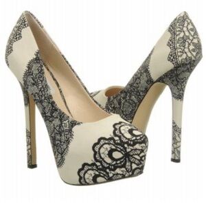 Steve Madden Dejavú Platforms Pumps Black Lace Over Almond Tone